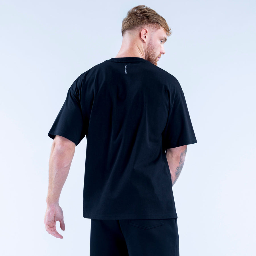 Men's black crew-neck T-shirt, plain back with small logo near collar