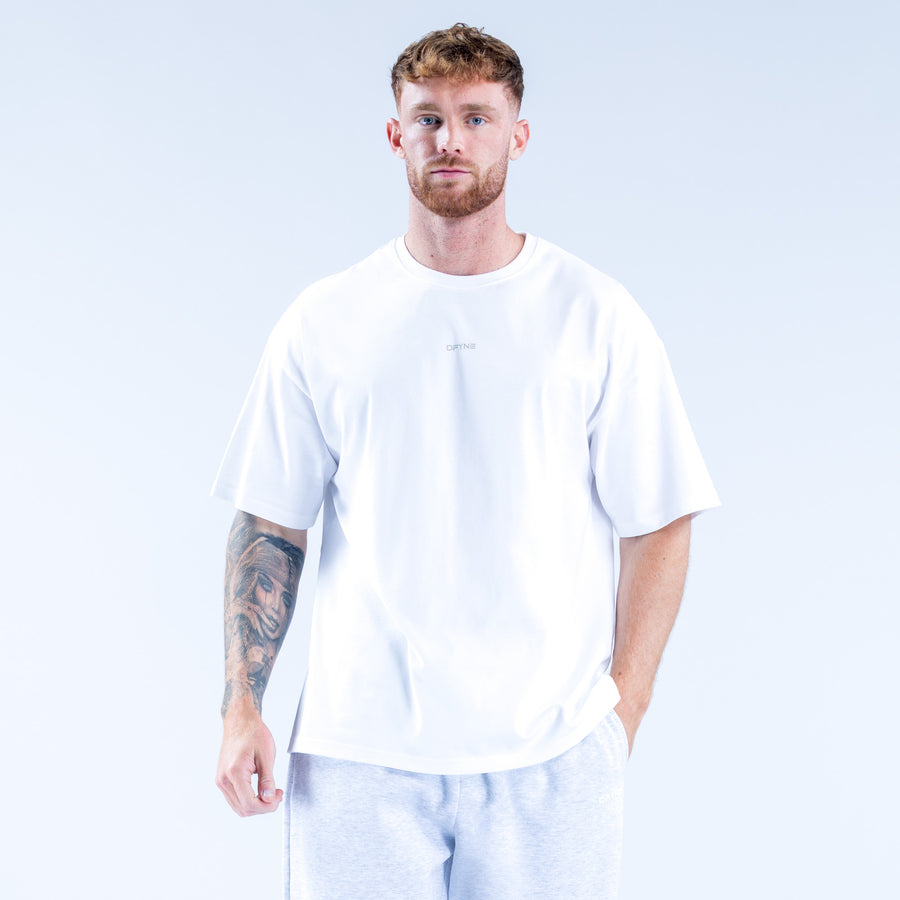 White crew-neck short-sleeve T-shirt with small chest logo