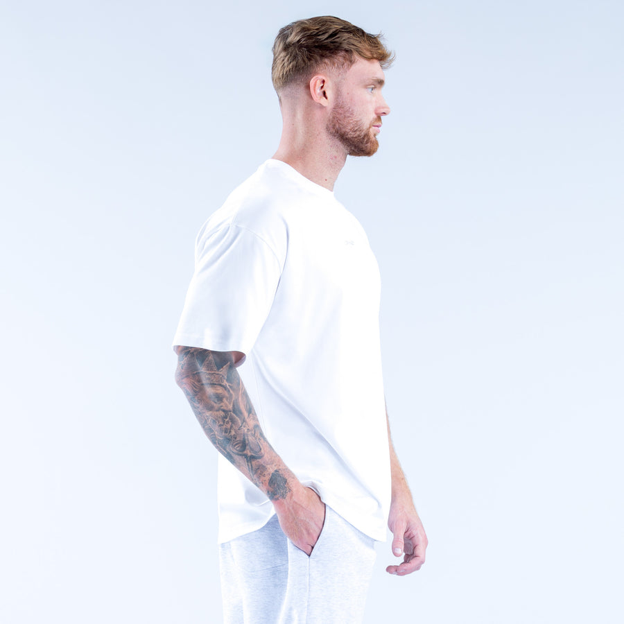 White crew-neck short-sleeve T-shirt, side view