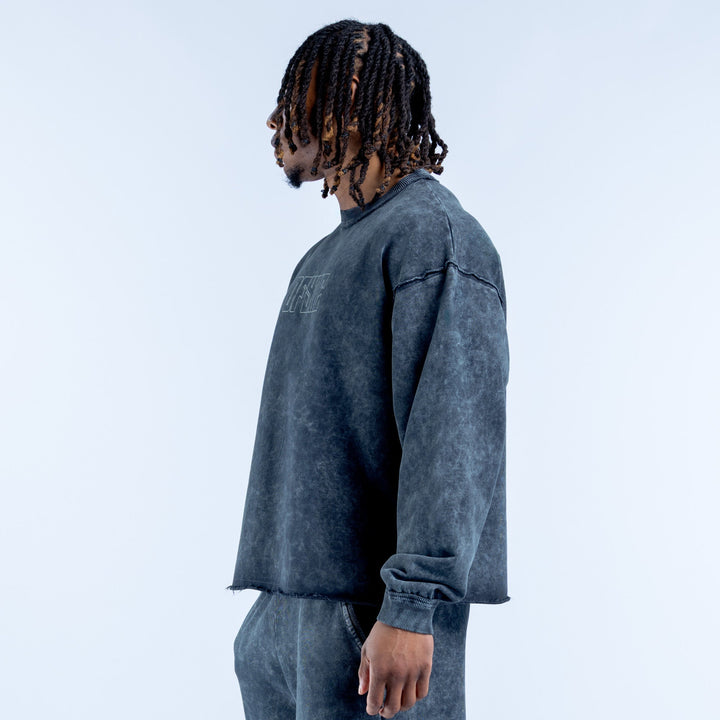 Washed crewneck sweatshirt, side view, long sleeves, dark blue-gray