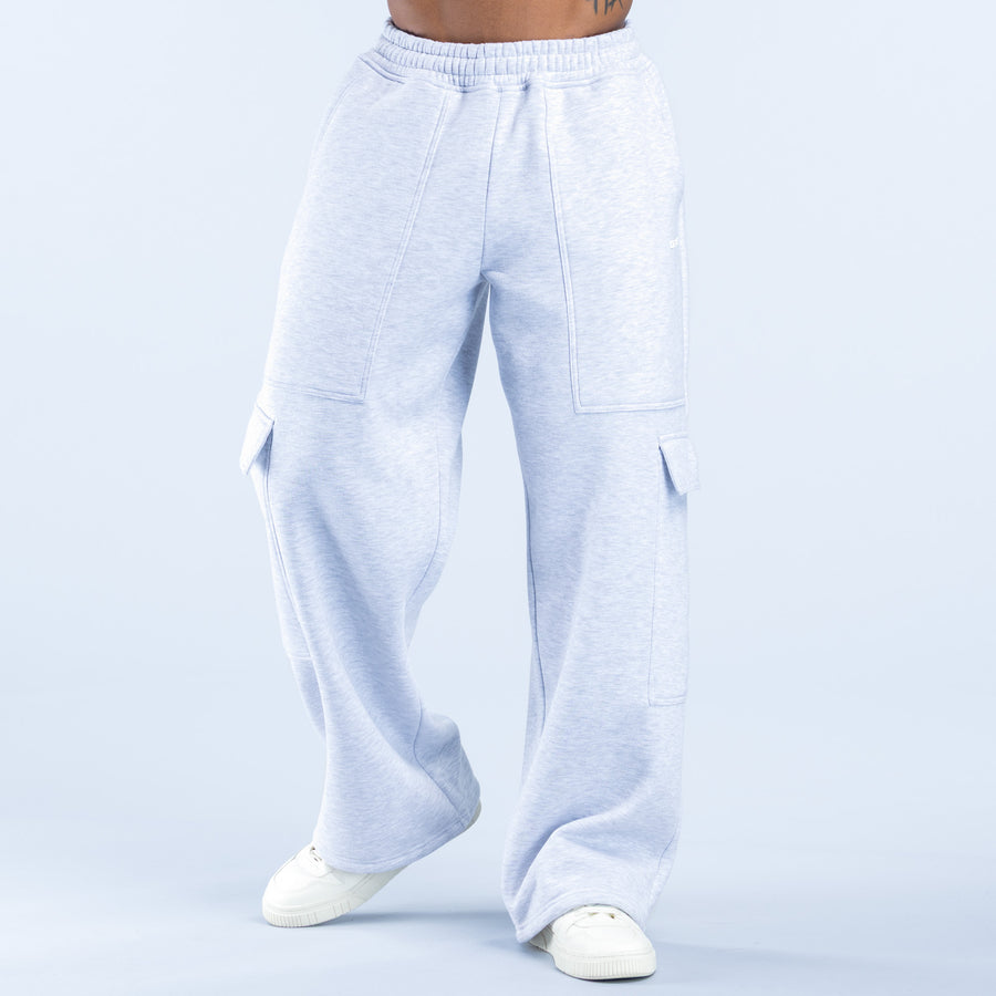 Light gray cargo joggers with elastic waist and two cargo pockets, relaxed wide leg
