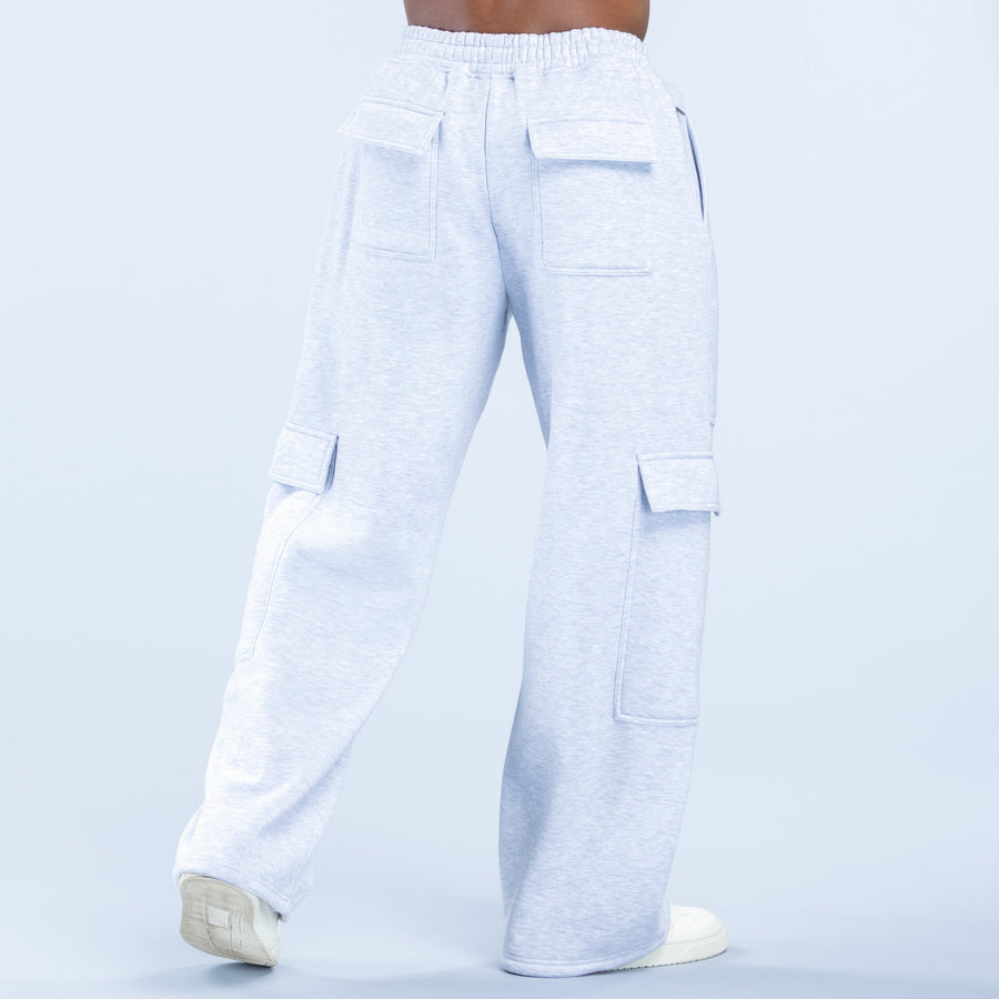 Light gray cargo joggers with flap cargo pockets and ribbed cuffs at ankles