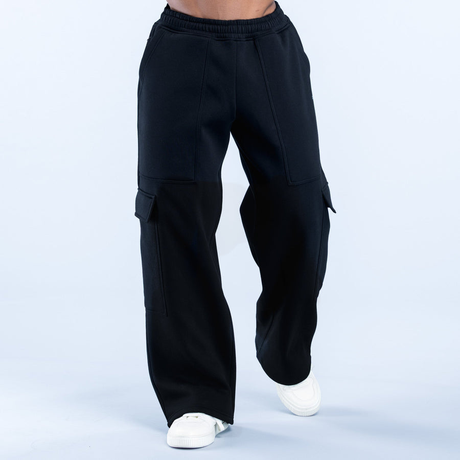 Black straight-leg cargo joggers with side cargo flap pockets and elastic waist