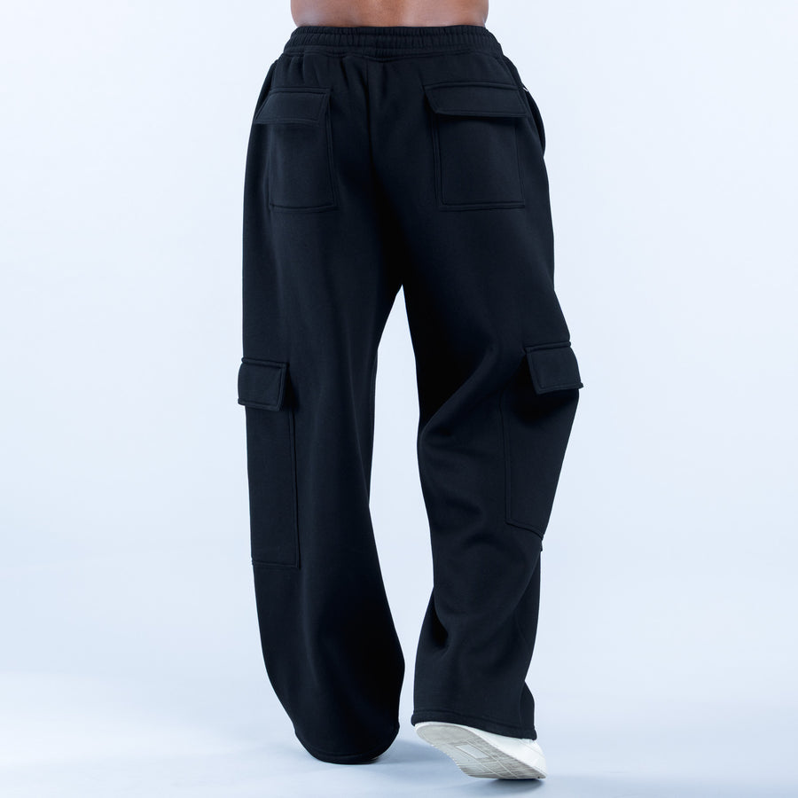 Black straight-leg cargo joggers with elastic waistband and rear pocket panels
