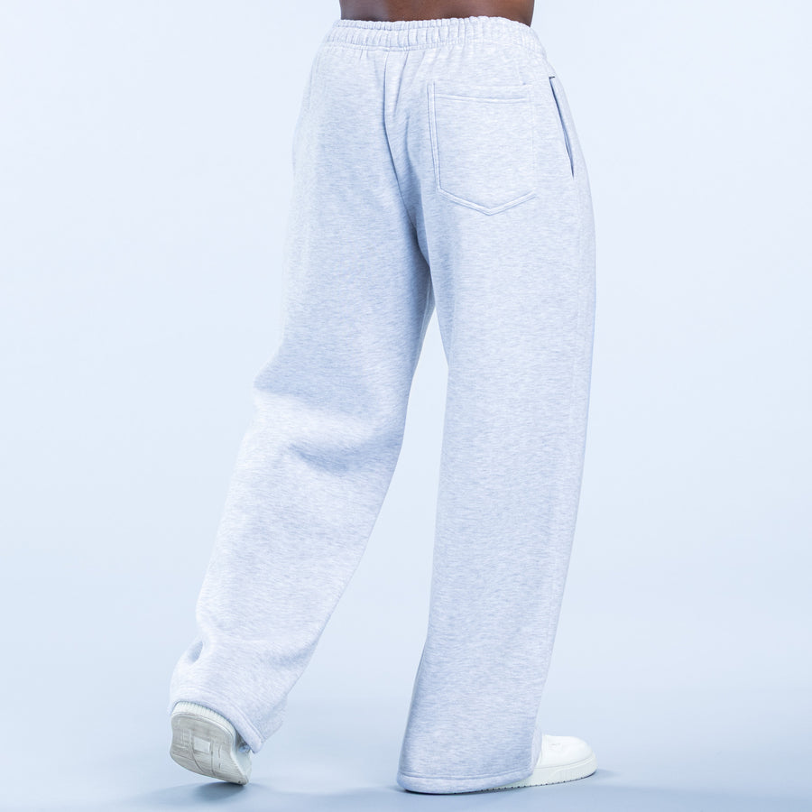 Light blue heather straight-leg joggers with elastic waistband, side patch pockets, cuffed hem