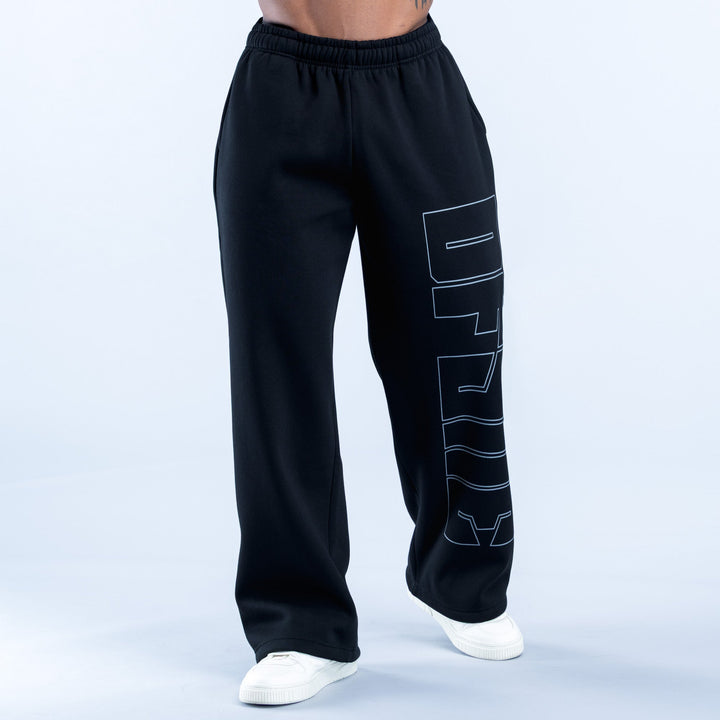 Black straight-leg joggers with elastic waistband and blue graphic side panel