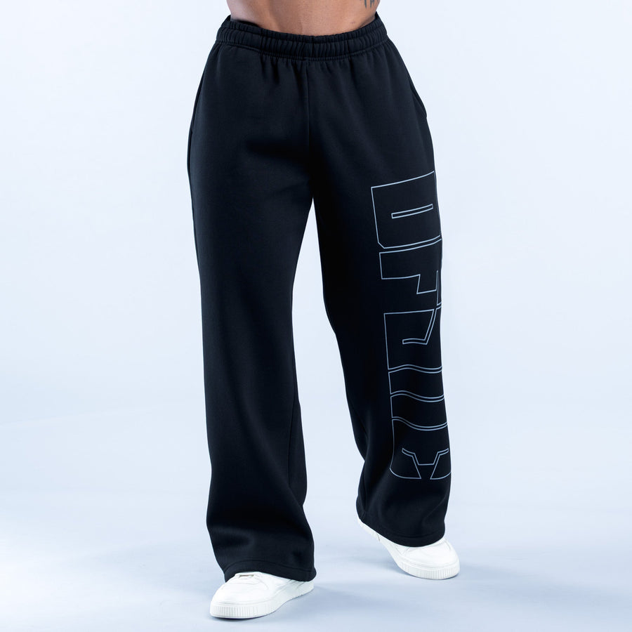 Black straight-leg joggers with elastic waistband and blue graphic side panel