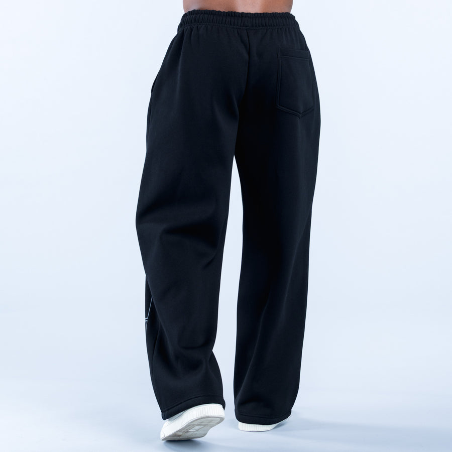 Black straight-leg joggers, elastic waistband and relaxed fit
