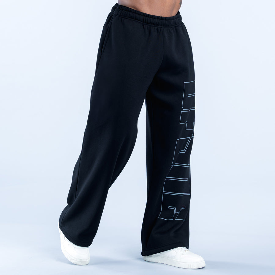 Black straight-leg joggers with side graphic, elastic waistband and cuffed hem