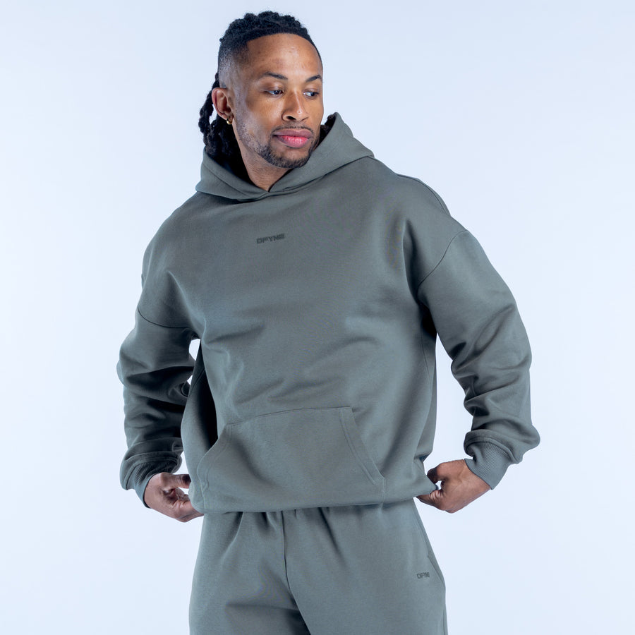 Olive pullover graphic hoodie with front kangaroo pocket and small chest logo