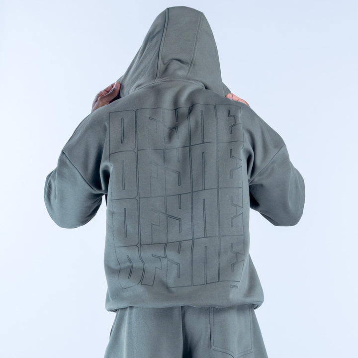 Olive hoodie with large geometric back graphic and hood kangaroo pocket