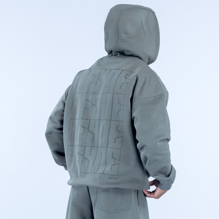 Olive graphic hoodie with large back print, hood up, kangaroo pocket