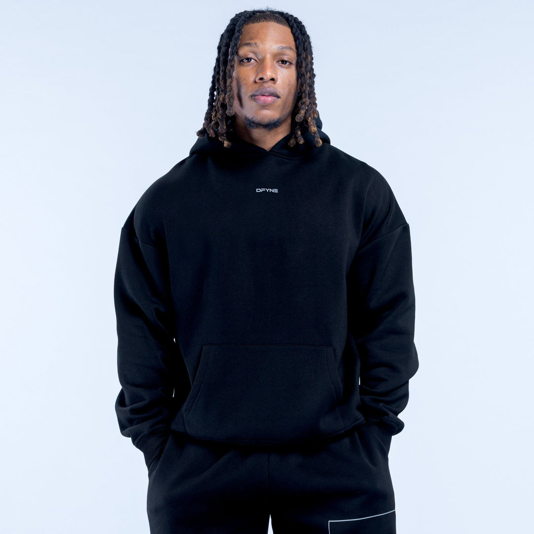 Black pullover hoodie with hood and kangaroo pocket, small chest logo detail