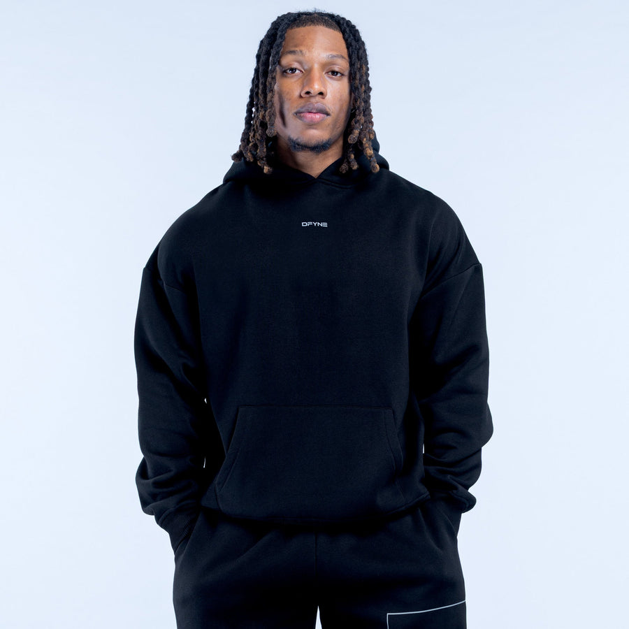 Black pullover hoodie with hood and kangaroo pocket, small chest logo detail