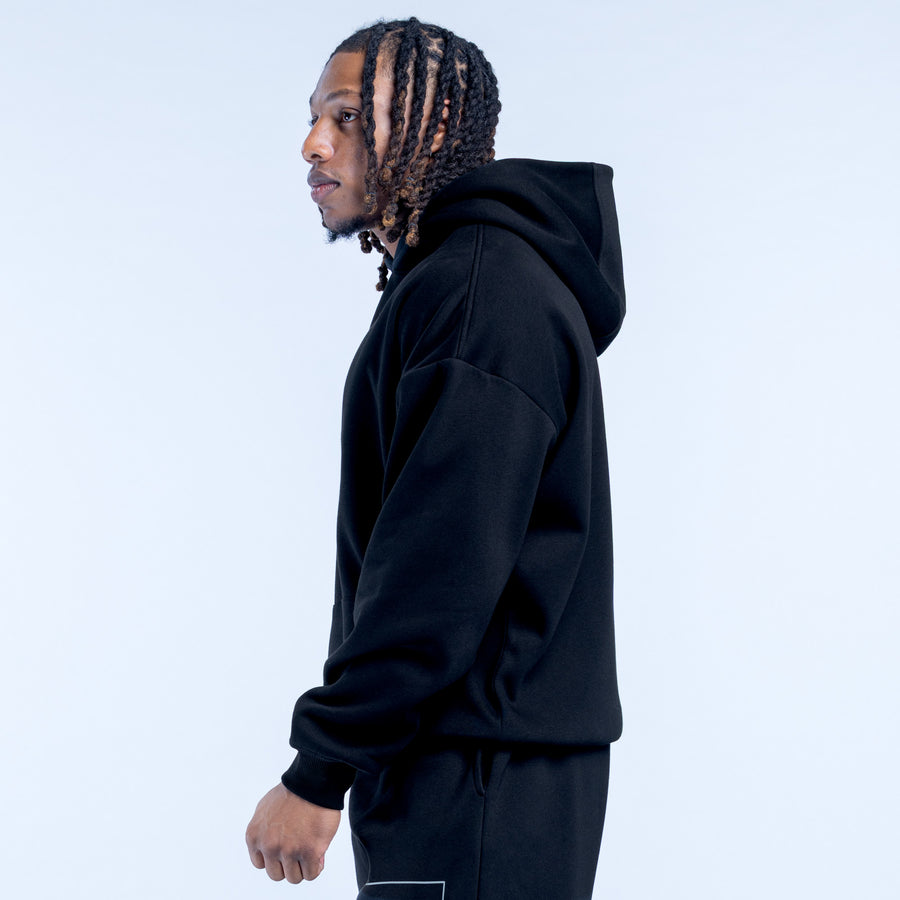 Black Recharge hoodie with adjustable hood, kangaroo pocket, and drawstring.