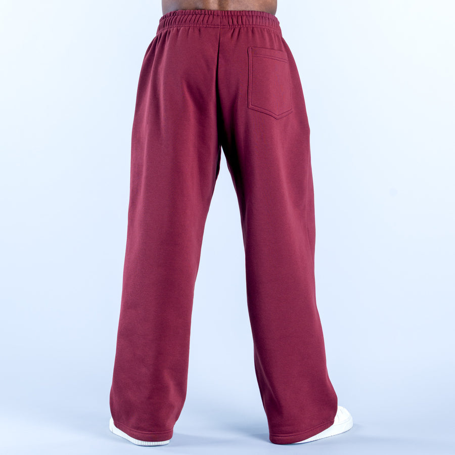 Maroon straight-leg joggers with elastic waistband and back patch pocket