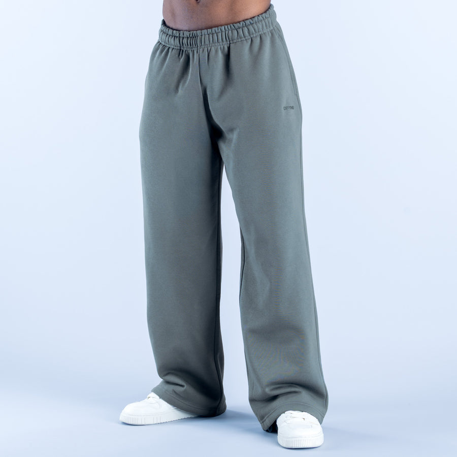 Sage green straight-leg joggers with elastic waistband and clean straight hem