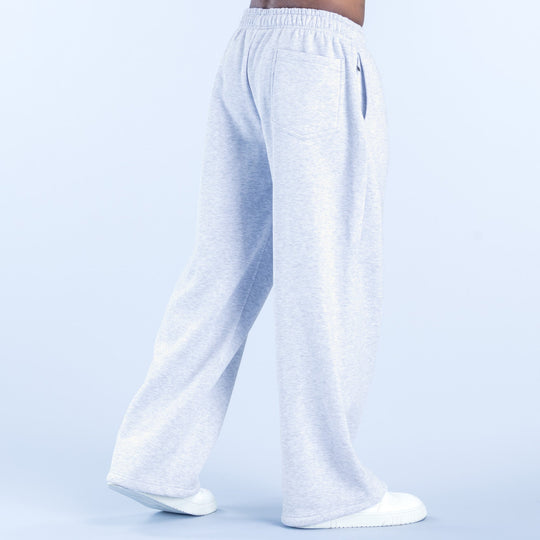 Light gray straight-leg joggers with back pocket and drawstring at elastic waistband
