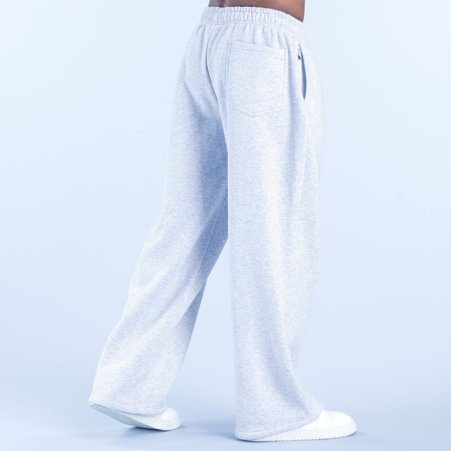 Light gray straight-leg joggers with back pocket and drawstring at elastic waistband