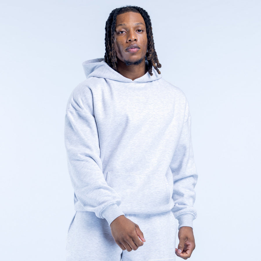 Light gray pullover hoodie with kangaroo pocket and ribbed cuffs.