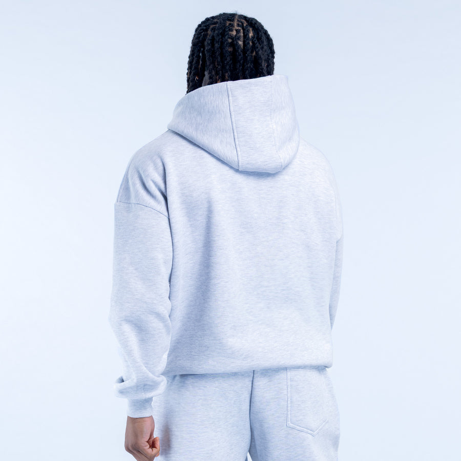 Light gray pullover hoodie, rear view with hood and long sleeves.
