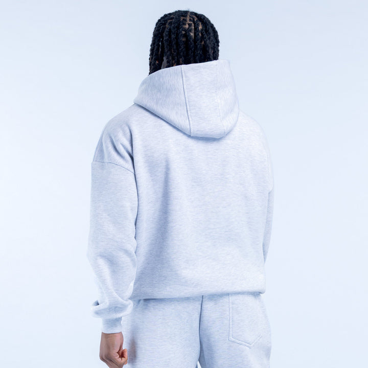 Light gray pullover hoodie, back view, with hood and kangaroo pocket.