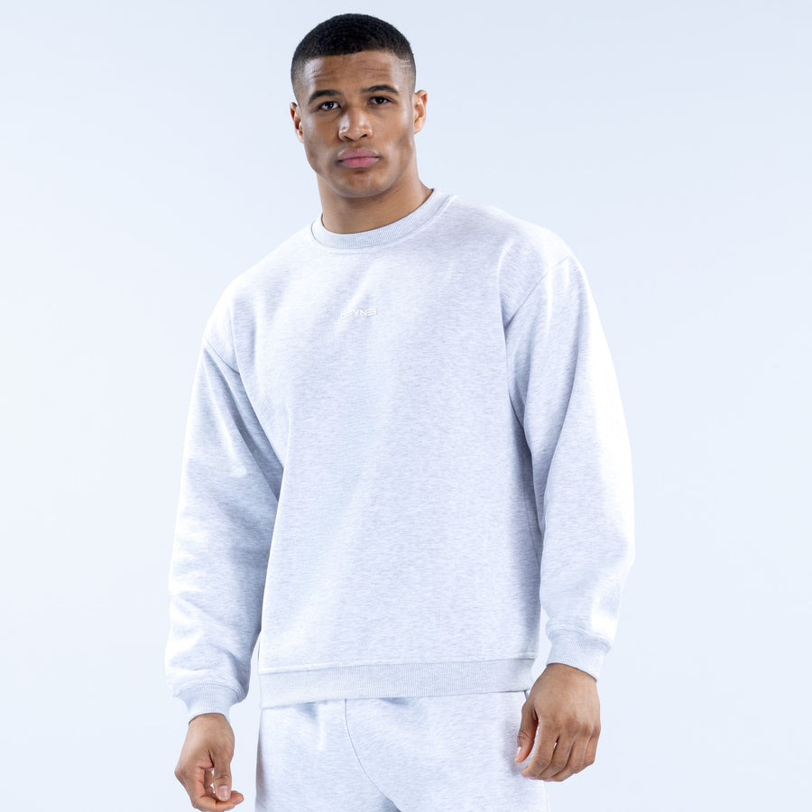 Light gray crewneck sweatshirt with ribbed hem and cuffs
