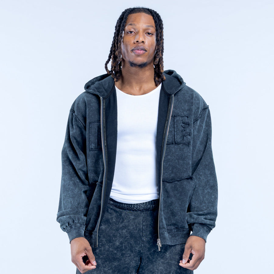 Washed zip-front hoodie in dark gray with hood and front pockets
