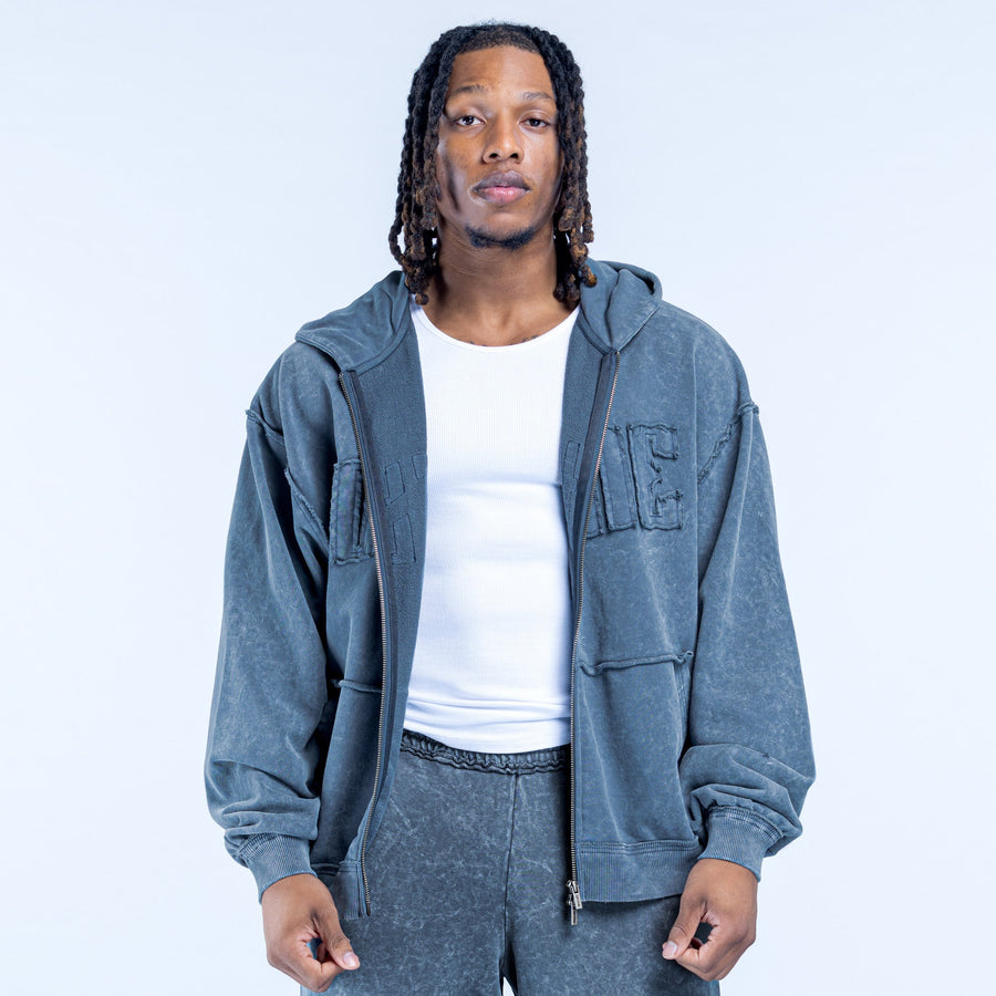 Washed blue zip hoodie with hood, full front zipper, kangaroo pocket