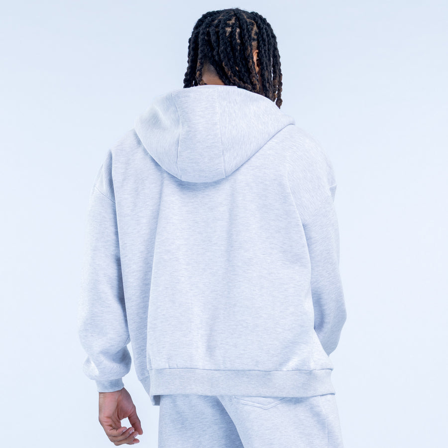 Light blue zip hoodie with hood and front pocket, shown from back