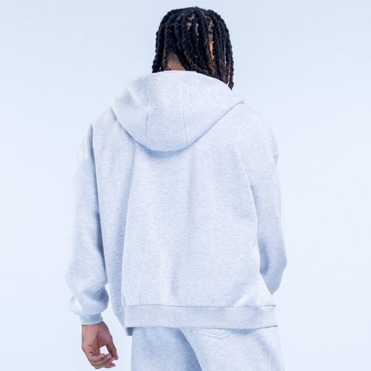 Light blue zip-up hoodie back view with hood and kangaroo pocket