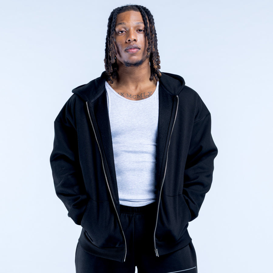 Black zip-up hoodie with hood and front pockets