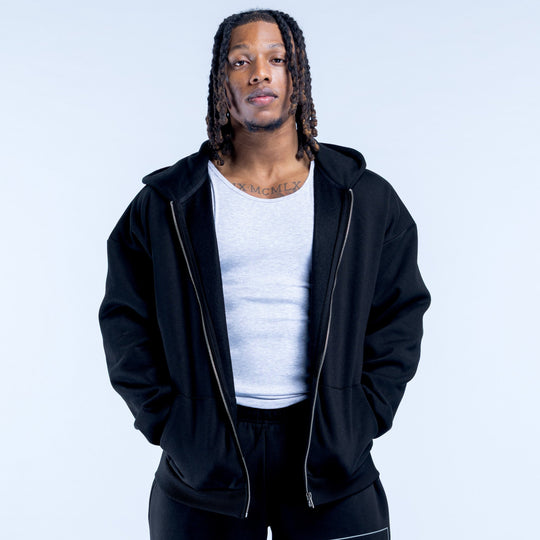 Black zip-up hoodie with hood and full-length zipper, drawcord, front logo