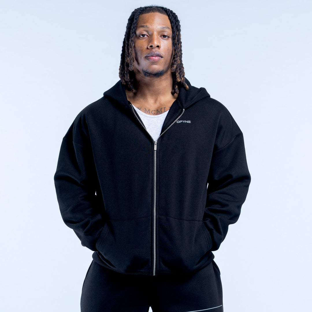 Black zip-up hoodie with hood and front zipper, relaxed fit, small chest logo
