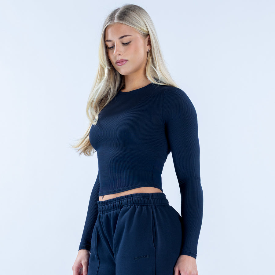 Navy ribbed long sleeve crop top, slim fit and crew neckline