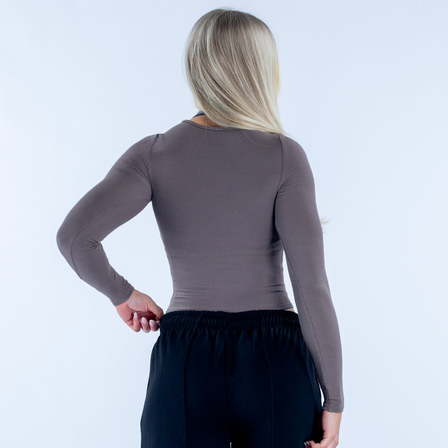 Ribbed long-sleeve top, back view, taupe crew neck and slim fit