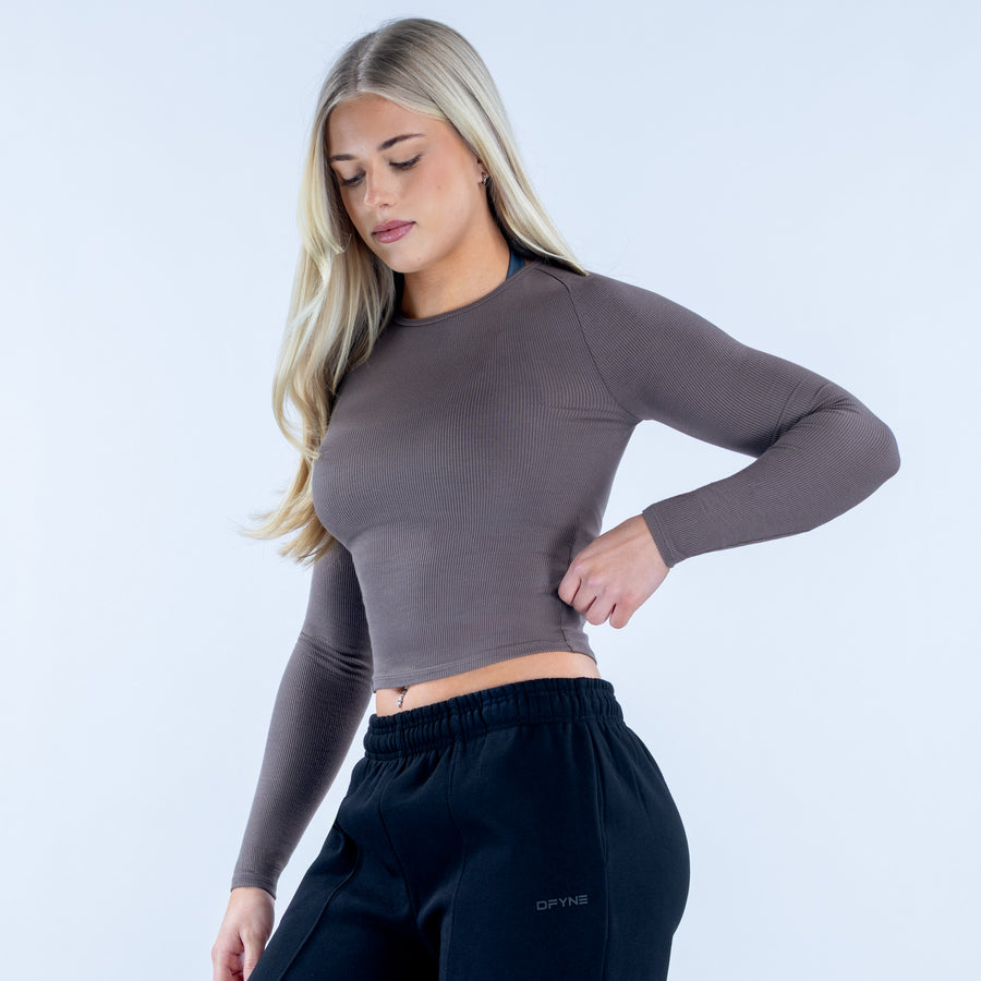 Ribbed long-sleeve top in taupe, side angle with crew neckline