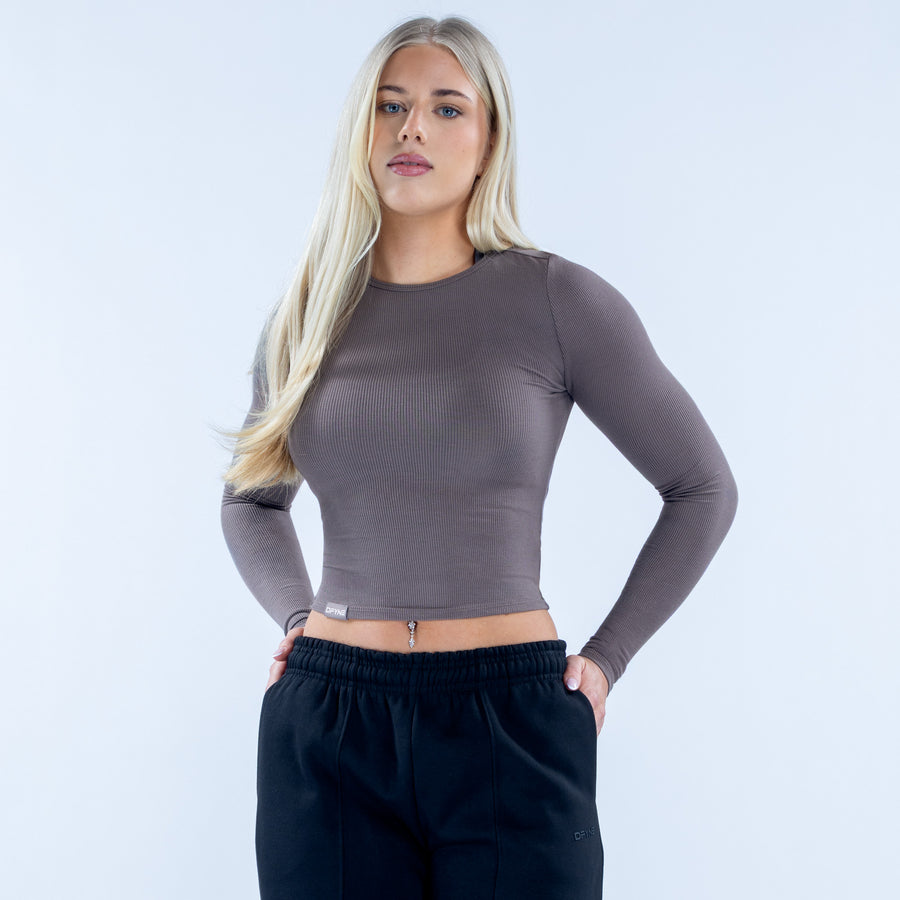 Ribbed long-sleeve top in taupe with crew neck and thumb-length sleeves