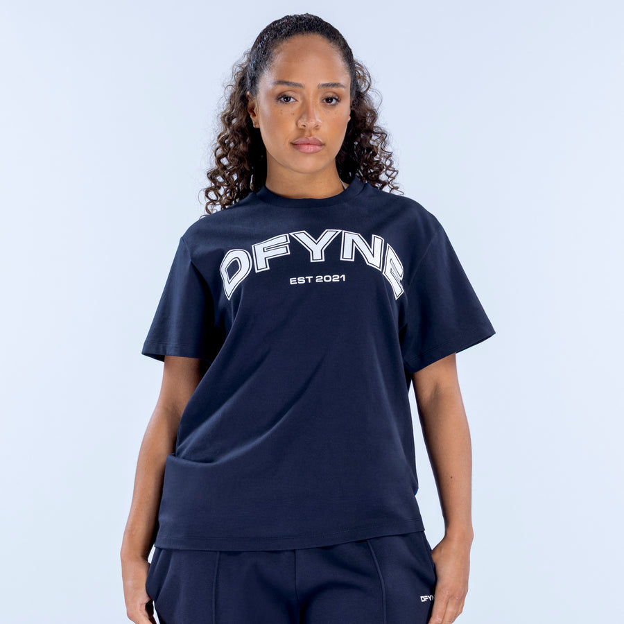 Navy oversized graphic T-shirt with OFYN logo and EST 2021 print at chest