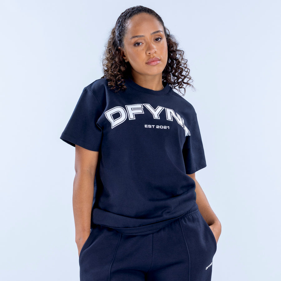 Navy oversized graphic T-shirt with OFYN EST 2021 chest print, relaxed fit