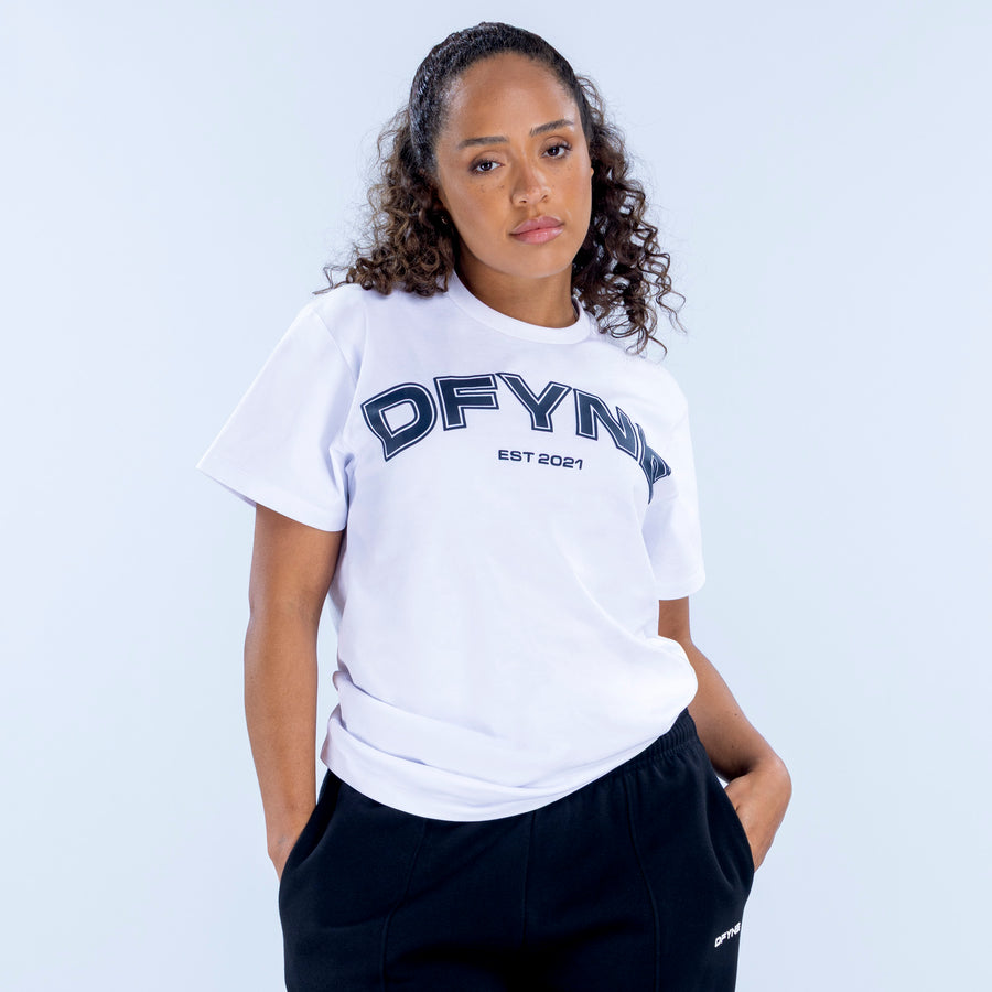 White oversized graphic T-shirt with DFYN logo and EST 2021 print, short sleeves