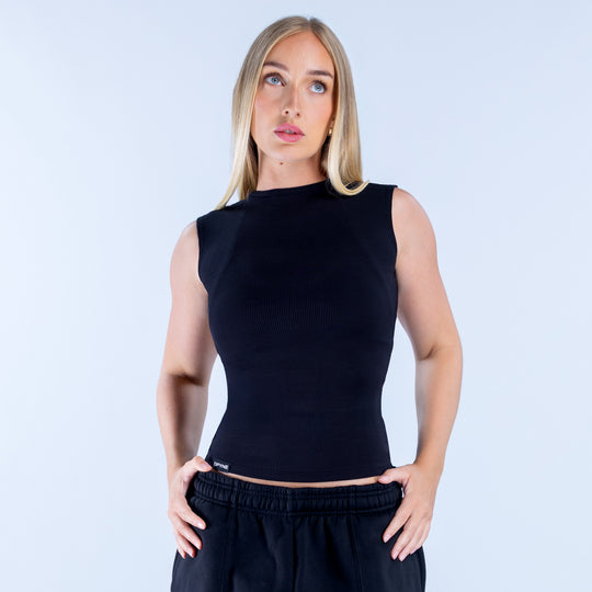 Black ribbed backless sleeveless top with high neckline