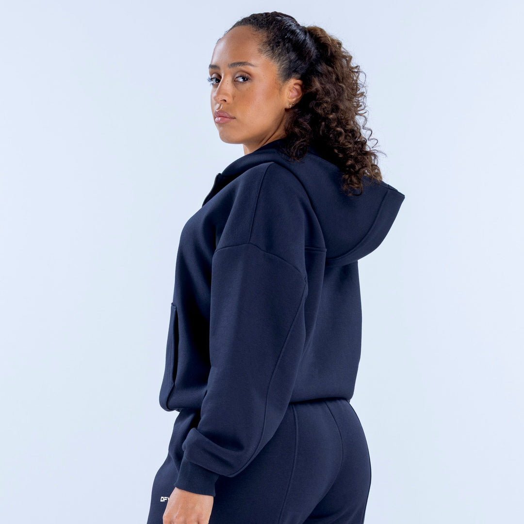 Navy zip hoodie with hood, side view, long sleeves