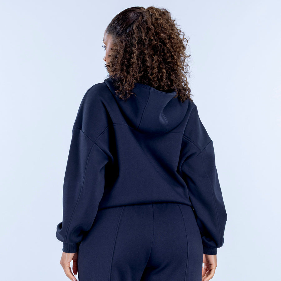 Navy zip hoodie with hood, back view, long sleeves