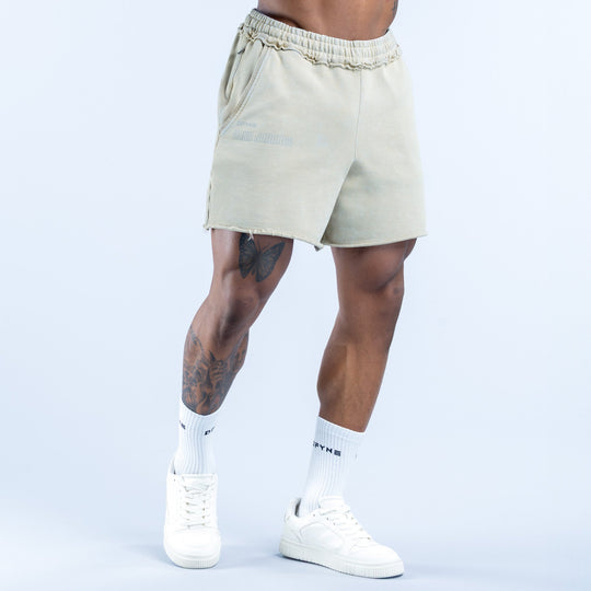 Light sage washed shorts with elastic waistband, front side view