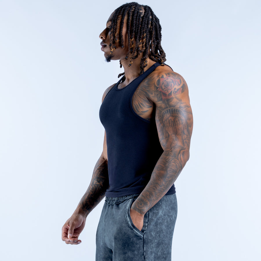 Navy ribbed sleeveless vest, side view, crew neckline