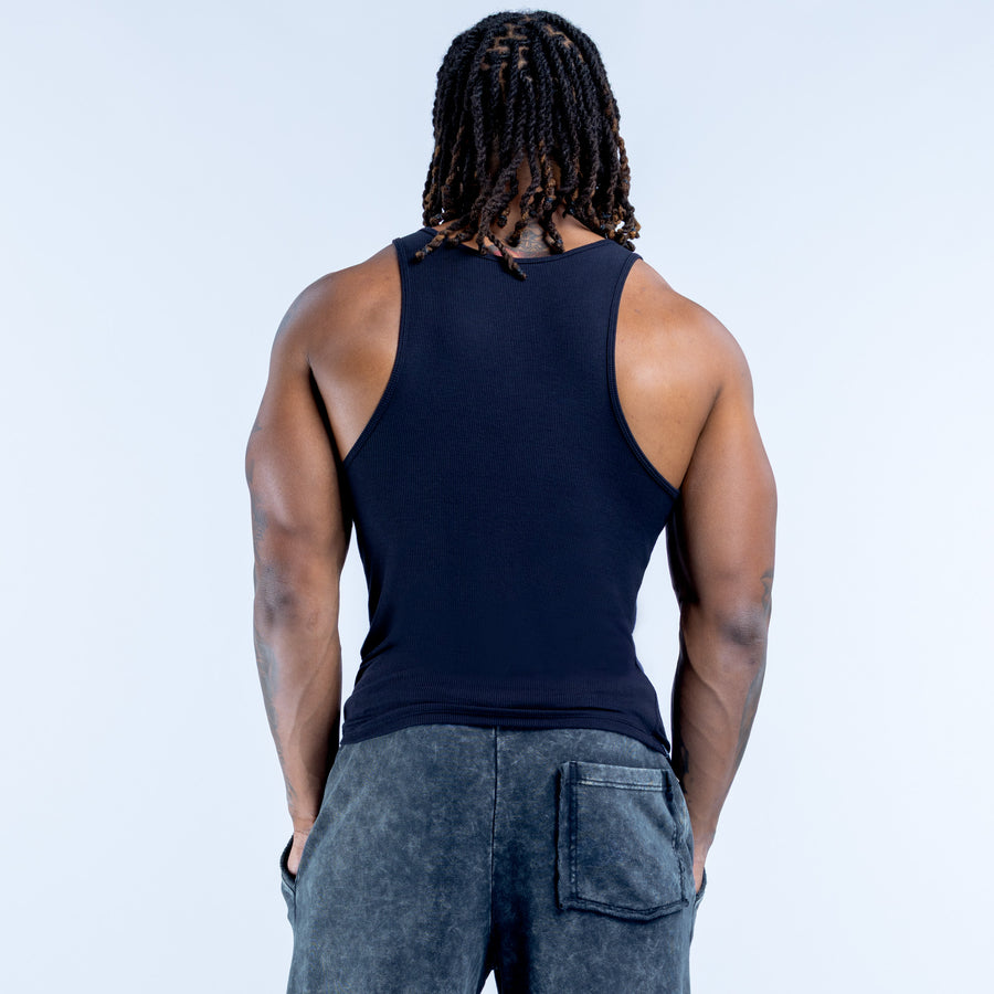 Navy ribbed sleeveless vest with high back and crew neck