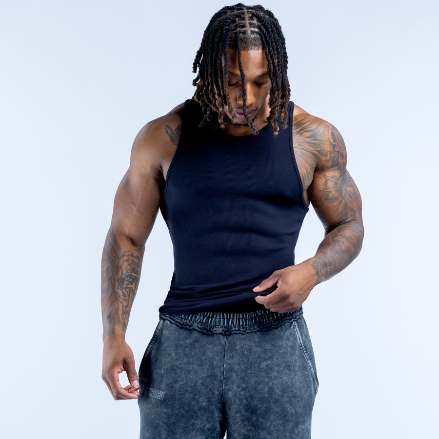 Navy ribbed sleeveless vest, crew neck, fitted front