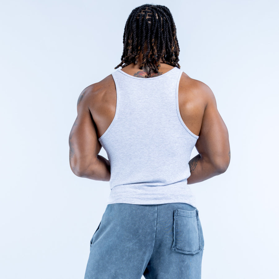Light blue ribbed sleeveless vest, crew neck, back view