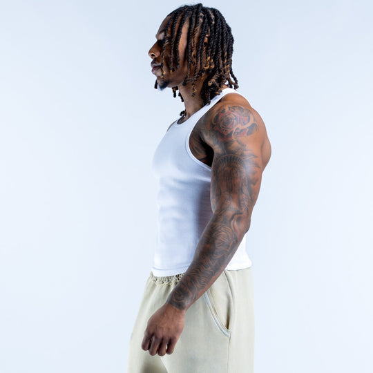 White ribbed tank top, side view with sleeveless armholes